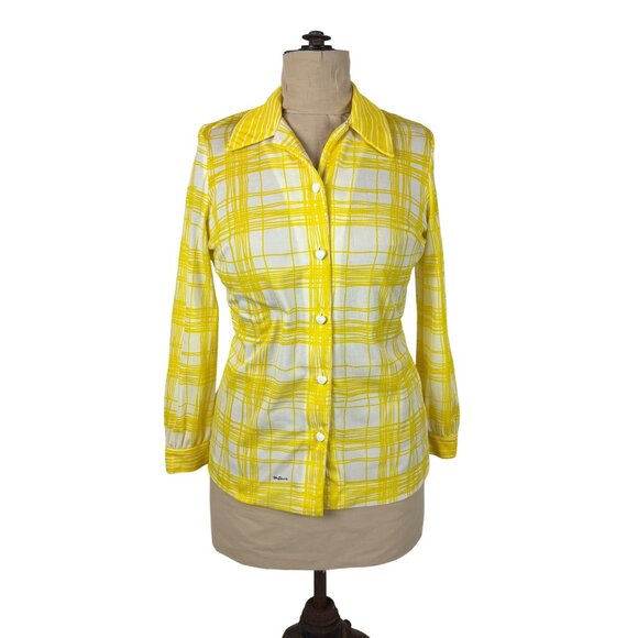 Vintage 60s Yellow Blouse Womens Size XL Heart Buttons Mr. Dino Plaid Long Slv - Picture 9 of 10